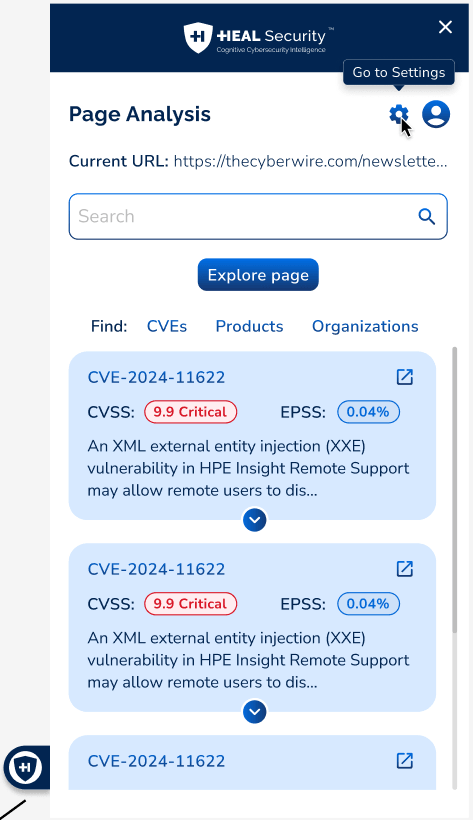 HEAL Security browser extension — page analysis panel surfacing related CVEs