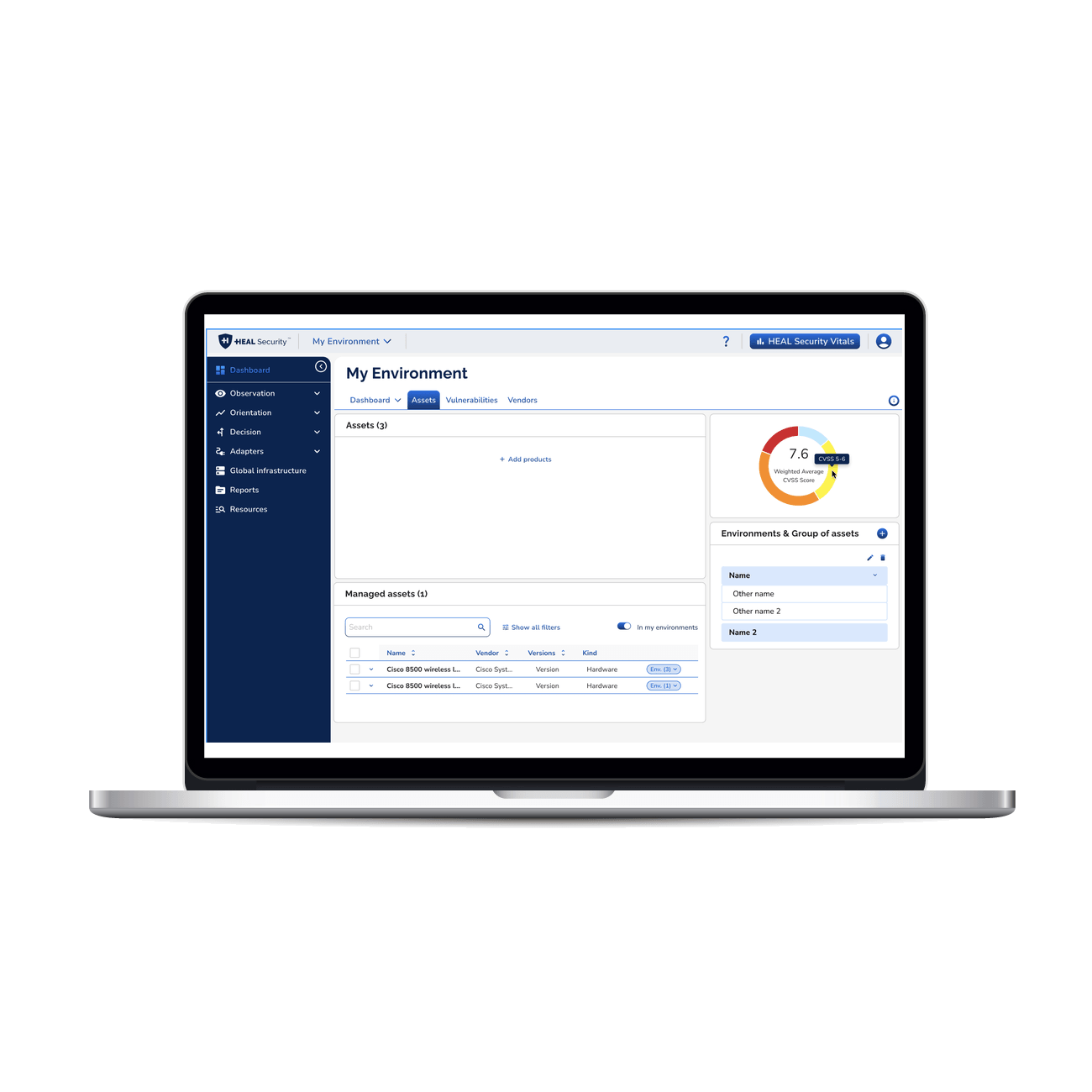 HEAL Security Desktop — My Environment dashboard shown on a laptop screen