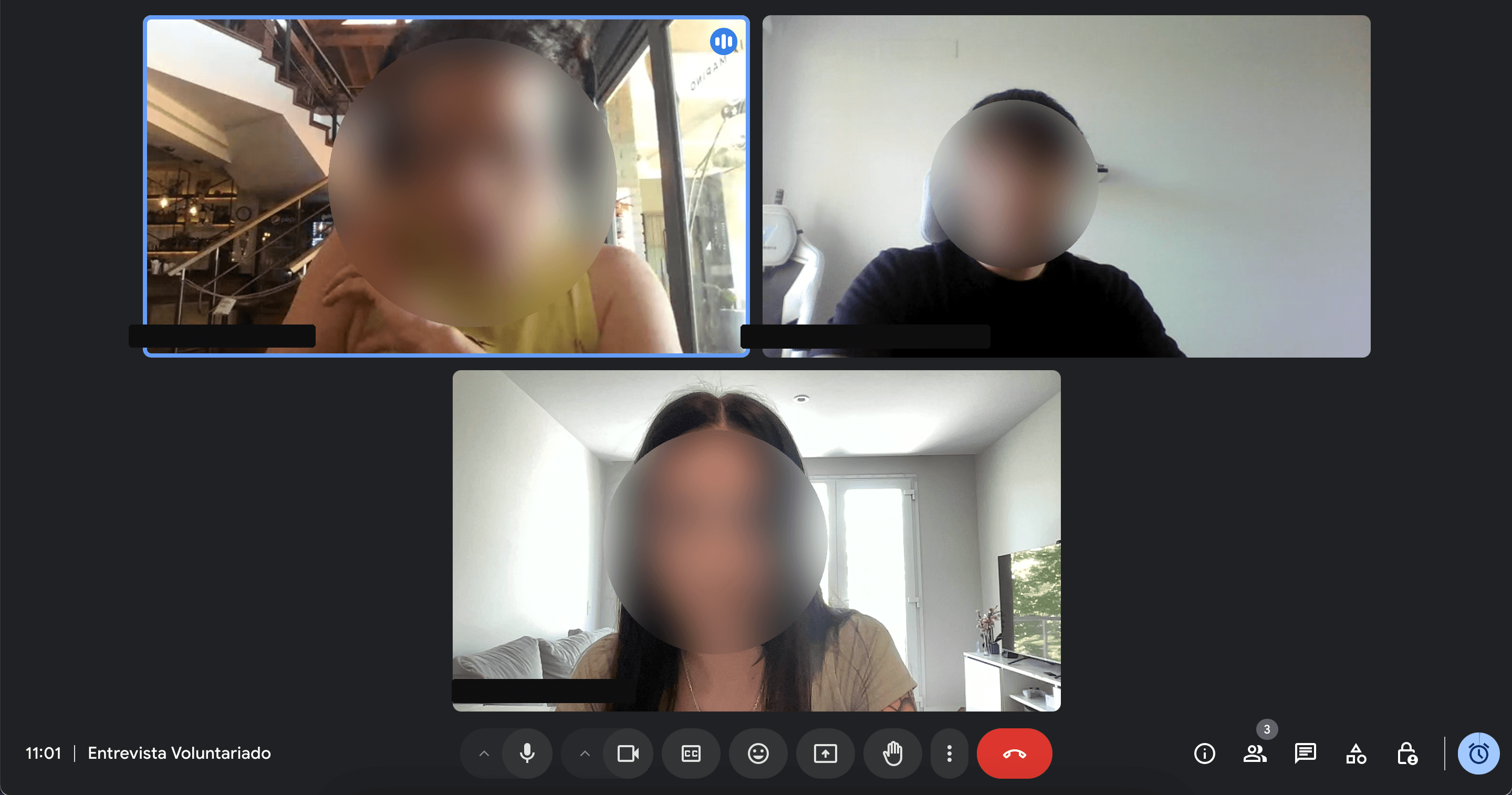 Remote user interview session on international volunteering, participant faces blurred