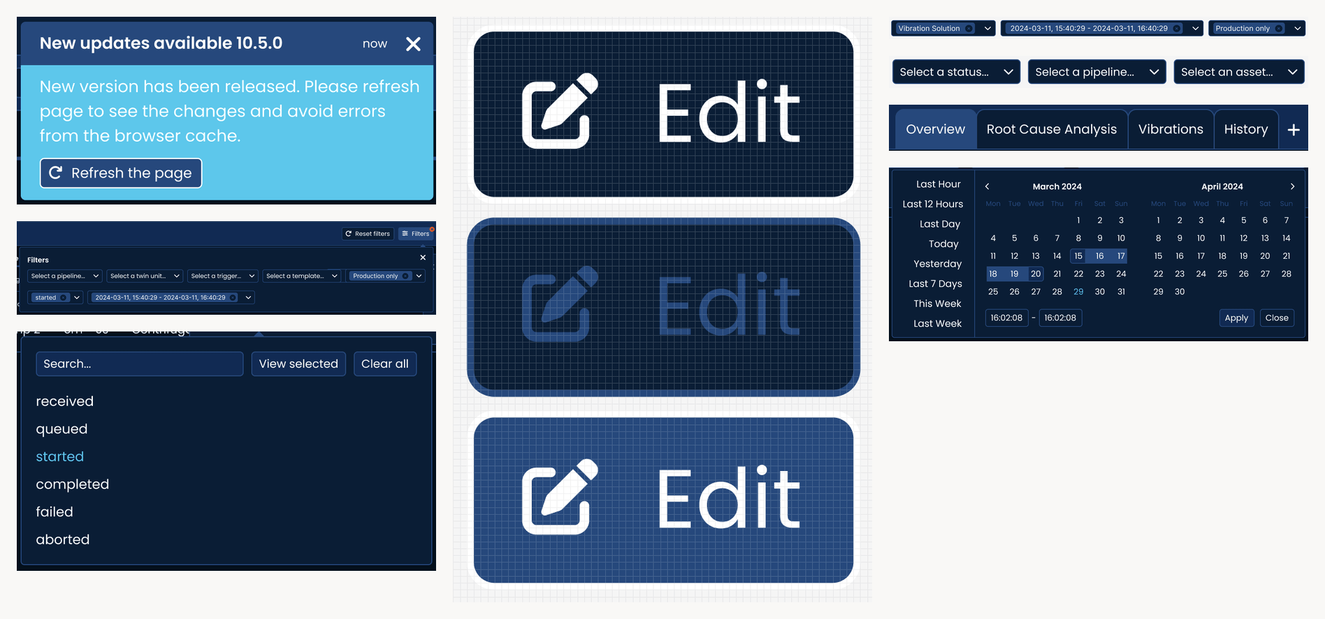 Wizata design system components — filters, dropdowns, date picker, and edit states