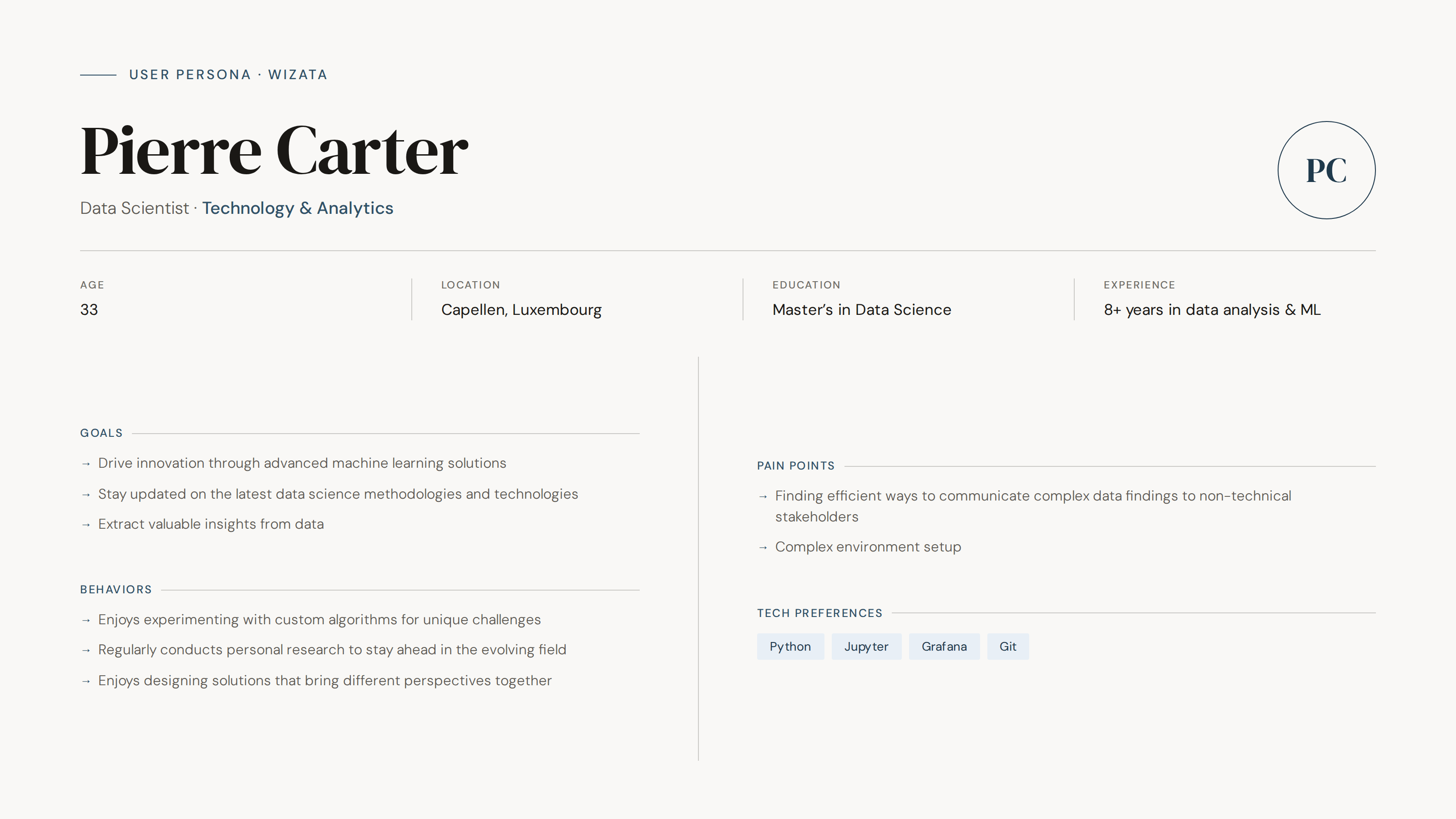 Wizata user persona — Pierre Carter, Data Scientist